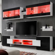 Ensembles de Meubles rtv Foggia, Façade Brillant Noir/Corps Blanc Mat, Largeur 230cm x Hauteur 195cm x Profondeur 35cm, led rgb, pour Salon, Chambre