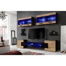 Ensembles de Meubles rtv Foggia, Façade Wotan Mat/Corps Noir Mat, Largeur 230cm x Hauteur 195cm x Profondeur 35cm, led Bleues, pour Salon, Chambre