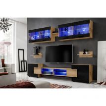 Ensembles de Meubles rtv Foggia, Façade Brillant Noir/Corps Wotan Mat, Largeur 230cm x Hauteur 195cm x Profondeur 35cm, led Bleues, pour Salon,