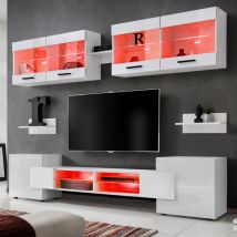Ensembles de Meubles rtv Foggia, Façade Brillant Blanc/Corps Blanc Mat, Largeur 230cm x Hauteur 195cm x Profondeur 35cm, led rgb, pour Salon, Chambre