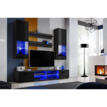 Komodee, Ensembles de Meubles RTV Varallo, Noir/Noir, Largeur 200cm x Hauteur 195cm x Profondeur 45cm, sans LED, pour Salon, Chambre