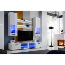 Komodee - Ensembles De Meubles Rtv Varallo, Blanc/blanc, Largeur 200cm X Hauteur 195cm X Profondeur 45cm, Led Bleues, Pour Salon, Chambre