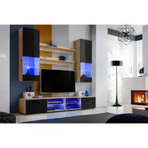 Ensembles de Meubles rtv Varallo, Wotan/Noir, Largeur 200cm x Hauteur 195cm x Profondeur 45cm, led Bleues, pour Salon, Chambre - Komodee
