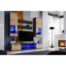 Komodee - Ensembles de Meubles rtv Varallo, Noir/Wotan, Largeur 200cm x Hauteur 195cm x Profondeur 45cm, sans led, pour Salon, Chambre
