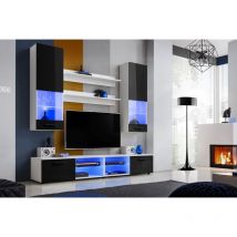Komodee, Ensembles de Meubles RTV Varallo, Blanc/Noir, Largeur 200cm x Hauteur 195cm x Profondeur 45cm, LED Bleues, pour Salon, Chambre
