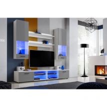Komodee - Ensembles de Meubles rtv Varallo, Blanc/Gris, Largeur 200cm x Hauteur 195cm x Profondeur 45cm, sans led, pour Salon, Chambre