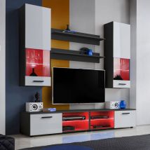 Komodee - Ensembles de Meubles rtv Varallo, Noir/Blanc, Largeur 200cm x Hauteur 195cm x Profondeur 45cm, led rgb, pour Salon, Chambre