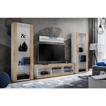 Komodee Ensemble de Meubles Tivoli Grande, Blanc/Wotan, Largeur 250cm x Hauteur 159cm x Profondeur 35cm, sans LED, 3 étagères, pour Salon, Chambre,