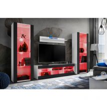 Komodee - Ensemble de Meubles Tivoli Grande, Blanc/Noir, Largeur 250cm x Hauteur 159cm x Profondeur 35cm, led rgb, 3 étagères, pour Salon, Chambre,