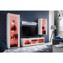 Komodee - Ensemble de Meubles Tivoli Medio, Blanc/Blanc, Largeur 245cm x Hauteur 159cm x Profondeur 35cm, led rgb, 3 étagères, pour Salon, Chambre,