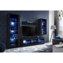 Komodee - Ensemble de Meubles Tivoli Medio, Noir/Noir, Largeur 245cm x Hauteur 159cm x Profondeur 35cm, led Blu, 3 étagères, pour Salon, Chambre,
