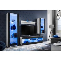 Komodee - Ensemble de Meubles Tivoli Medio, Blanc/Noir, Largeur 245cm x Hauteur 159cm x Profondeur 35cm, led Blu, 3 étagères, pour Salon, Chambre,