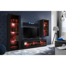 Komodee - Ensemble de Meubles Tivoli Medio, Noir/Noir, Largeur 245cm x Hauteur 159cm x Profondeur 35cm, led rgb, 3 étagères, pour Salon, Chambre,