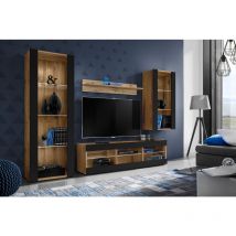 Komodee - Ensemble de Meubles Tivoli Medio, Wotan/Noir, Largeur 245cm x Hauteur 159cm x Profondeur 35cm, sans led, 3 étagères, pour Salon, Chambre,