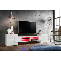 Komodee - Meuble Banc tv Merano, White/White/White, Éclairage led Multicolore, Largeur 230 cm x Hauteur 52,5 cm x Profondeur 35 cm, sans led, pour