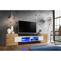 Meuble Banc Tv Merano, Wotan/white/wotan, Éclairage Led Bleu, Largeur 230 Cm X Hauteur 52,5 Cm X Profondeur 35 Cm, Sans Led, Pour Salon, Chambre - 