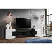 Komodee - Meuble Banc tv Merano, Black/Black/White, Largeur 230 cm x Hauteur 52,5 cm x Profondeur 35 cm, sans led, pour Salon, Chambre