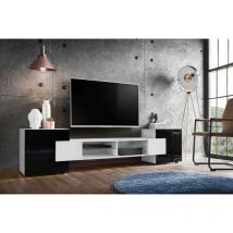 Komodee - Meuble Banc tv Merano, White/White/Black, Largeur 230 cm x Hauteur 52,5 cm x Profondeur 35 cm, sans led, pour Salon, Chambre