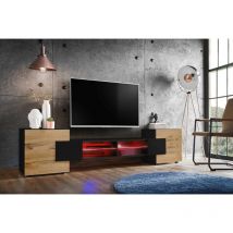 Komodee - Meuble Banc tv Merano, Black/Black/Wotan, Éclairage led Multicolore, Largeur 230 cm x Hauteur 52,5 cm x Profondeur 35 cm, sans led, pour