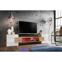 Komodee, Meuble Banc TV Merano, Wotan/Wotan/White, Éclairage LED Multicolore, Largeur 230 cm x Hauteur 52,5 cm x Profondeur 35 cm, sans LED, pour