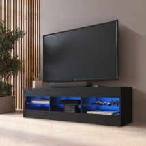 Komodee - Meuble Banc tv Tivoli 140, Noir/Noir, Largeur 140cm x Hauteur 40,5cm x Profondeur 35cm, led Bleues, pour Salon, Chambre