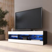 Komodee - Meuble Banc tv Tivoli 140, Noir/Blanc, Largeur 140cm x Hauteur 40,5cm x Profondeur 35cm, led Bleues, pour Salon, Chambre