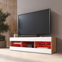Komodee - Meuble Banc tv Tivoli 140, Wotan/Blanc, Largeur 140cm x Hauteur 40,5cm x Profondeur 35cm, led rgb, pour Salon, Chambre