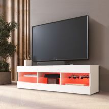 Komodee - Meuble Banc tv Tivoli 140, Blanc/Blanc, Largeur 140cm x Hauteur 40,5cm x Profondeur 35cm, led rgb, pour Salon, Chambre