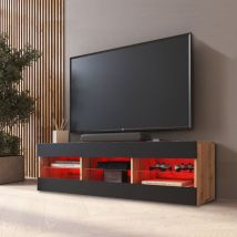 Komodee - Meuble Banc tv Tivoli 140, Wotan/Noir, Largeur 140cm x Hauteur 40,5cm x Profondeur 35cm, led rgb, pour Salon, Chambre