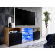 Komodee - Meuble Banc tv Urbino, Wotan/Noir, Largeur 140cm x Hauteur 53cm x Profondeur 35cm, sans led, pour Salon, Chambre