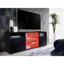 Komodee - Meuble Banc tv Urbino, Noir/Noir, Largeur 140cm x Hauteur 53cm x Profondeur 35cm, led rgb, pour Salon, Chambre