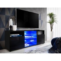 Komodee - Meuble Banc tv Urbino, Noir/Noir, Largeur 140cm x Hauteur 53cm x Profondeur 35cm, led Bleues, pour Salon, Chambre