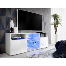 Komodee - Meuble Banc tv Urbino, Blanc/Blanc, Largeur 140cm x Hauteur 53cm x Profondeur 35cm, sans led, pour Salon, Chambre
