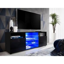 Komodee, Meuble Banc TV Urbino, Noir/Noir, Largeur 140cm x Hauteur 53cm x Profondeur 35cm, sans LED, pour Salon, Chambre
