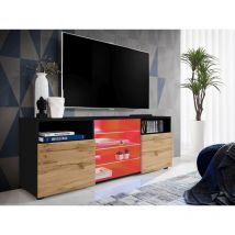 Komodee - Meuble Banc tv Urbino, Noir/Wotan, Largeur 140cm x Hauteur 53cm x Profondeur 35cm, led rgb, pour Salon, Chambre