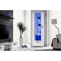 Komodee, Vitrine Armoire Alessandria, Blanc/Blanc, Largeur 60 cm x Hauteur 192 cm x Profondeur 42 cm, LED Bleues, 2 étagères, pour Salon, Chambre,