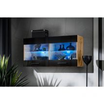 Komodee, Vitrine Armoire Savona, Wotan/Noir, Largeur 100 cm x Hauteur 50 cm x Profondeur 30 cm, sans LED, 2 étagères, pour Salon, Chambre, Entrée,