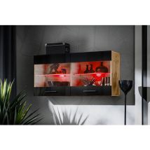 Komodee - Vitrine Armoire Savona, Wotan/Noir, Largeur 100 cm x Hauteur 50 cm x Profondeur 30 cm, led rgb, 2 étagères, pour Salon, Chambre, Entrée,
