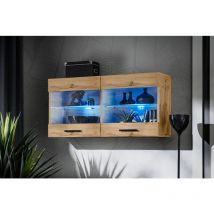 Komodee - Vitrine Armoire Savona, Wotan/Wotan, Largeur 100 cm x Hauteur 50 cm x Profondeur 30 cm, led Bleues, 2 étagères, pour Salon, Chambre,