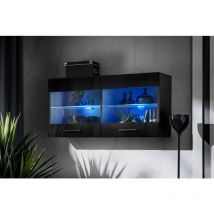 Komodee - Vitrine Armoire Savona, Noir/Noir, Largeur 100 cm x Hauteur 50 cm x Profondeur 30 cm, led Bleues, 2 étagères, pour Salon, Chambre, Entrée,