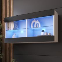 Komodee - Vitrine Suspendue Tivoli Horizontal 100, Blanc/Noir, led Bleues Largeur 100cm x Hauteur 50cm x Profondeur 29,5cm, 2 étagères en verre, pour