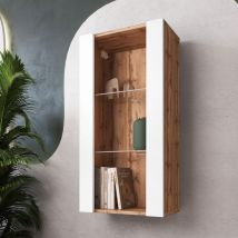 Komodee - Vitrine Suspendue Tivoli Vertical 100, Wotan/Blanc, Sans led Largeur 100cm x Hauteur 50cm x Profondeur 29,5cm, 2 étagères en verre, pour