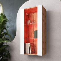Komodee - Vitrine Suspendue Tivoli Vertical 100, Wotan/Blanc, led rgb, Largeur 100cm x Hauteur 50cm x Profondeur 29,5cm, 2 étagères en verre, pour