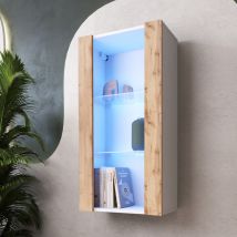 Komodee - Vitrine Suspendue Tivoli Vertical 100, Blanc/Wotan, led Bleues Largeur 100cm x Hauteur 50cm x Profondeur 29,5cm, 2 étagères en verre, pour