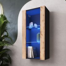 Komodee - Vitrine Suspendue Tivoli Vertical 100, Noir/Wotan, led Bleues Largeur 100cm x Hauteur 50cm x Profondeur 29,5cm, 2 étagères en verre, pour