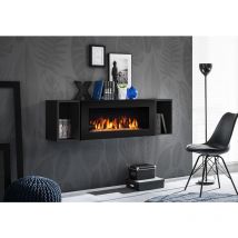 Komodee - Vitrine avec cheminée Trento, Noir/Noir, Largeur 140 cm x Hauteur 40,5 cm x Profondeur 35 cm, 2 rangements Ouverts, pour Salon, Chambre