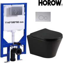 Horow - Komplett Set Matt schwarz Rund Wandhängendes wc mit Sitz Absenkautomatik - Superspin-Spülung Hänge wc für Gäste wc - 114cm Dünne