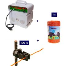 Komplettes Kit Für Den Weidezaun : 1 x Weidezaungerät 220 / 230 v + 1 x Weidezaunlitze 500 Mt 6 mm² + 100 St. Isolatoren Metallpfosten