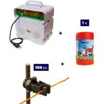 Komplettes Kit Für Den Weidezaun : 1 x Weidezaungerät 220 / 230 v + 1 x Weidezaunlitze 500 Mt 4 mm² + 100 St. Isolatoren Holzpfählen - Weidezaunseil