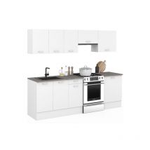 Idmarket - Komplettküche 240 cm subtil mit 7-teiliger Arbeitsplatte in Weiß und Platten in Betonoptik